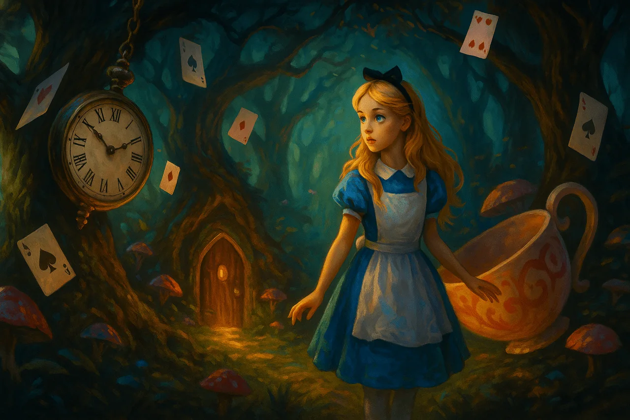 Illustration : Alice dans une forêt enchantée, entourée de cartes à jouer, d'une horloge et d'une tasse géante