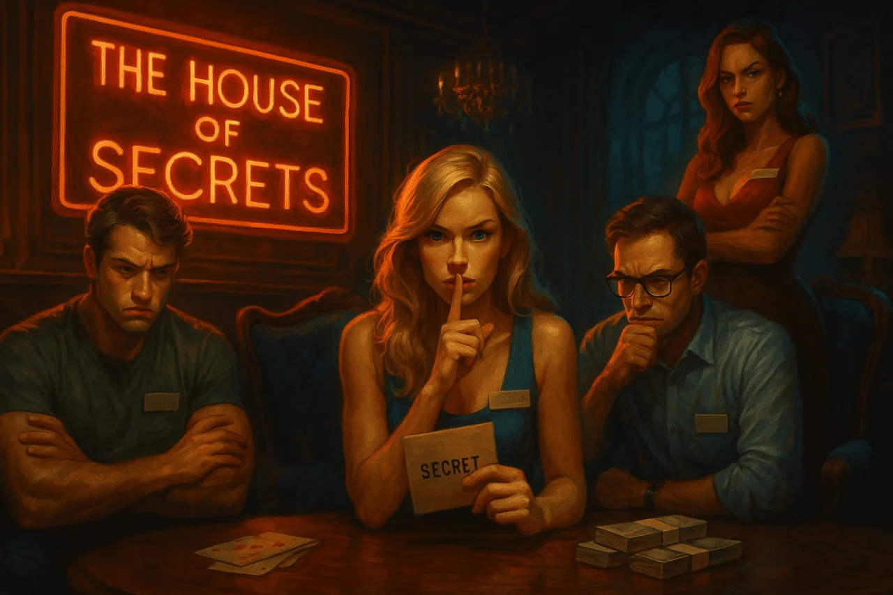 Illustration : joueurs autour d'une table de jeu sous une enseigne lumineuse « The House of Secrets », une femme fait signe de garder le secret