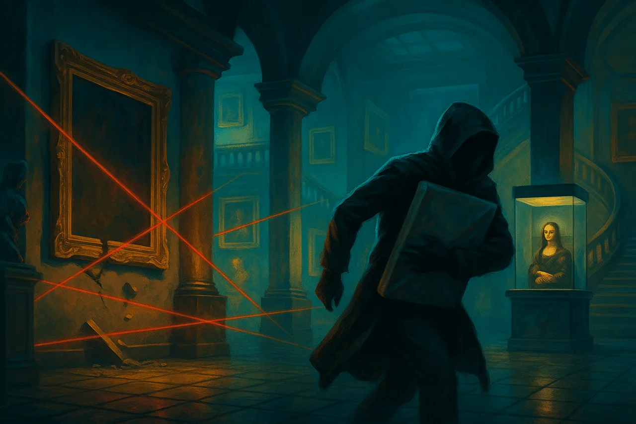 Illustration : voleur encapuchonné emportant un tableau à travers des faisceaux laser, dans une galerie de musée